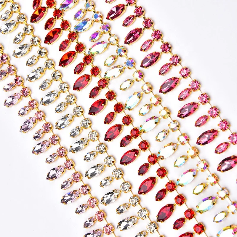 Handmade Horse Eyes and Round Glass Rhinestone Crystal Tassel Gold Plated Metal Cup Chain Flower Trim DIY Bridal Dress Belt Shoe