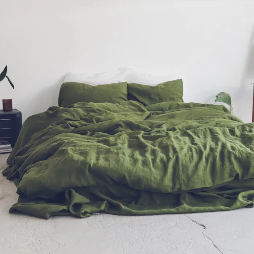 Customize Design Army Green 4-piece French Pure Natural Linen Breathable Durable King Size Anti-Tear Linen Bed Sheets