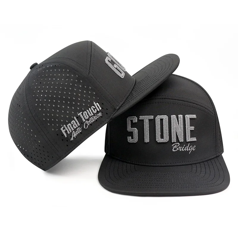 Custom Chain Embroidered logo Flat Perforated Player Hydro 6 Panel Polyester Snapback Applique Sports Caps Performance Golf Hat