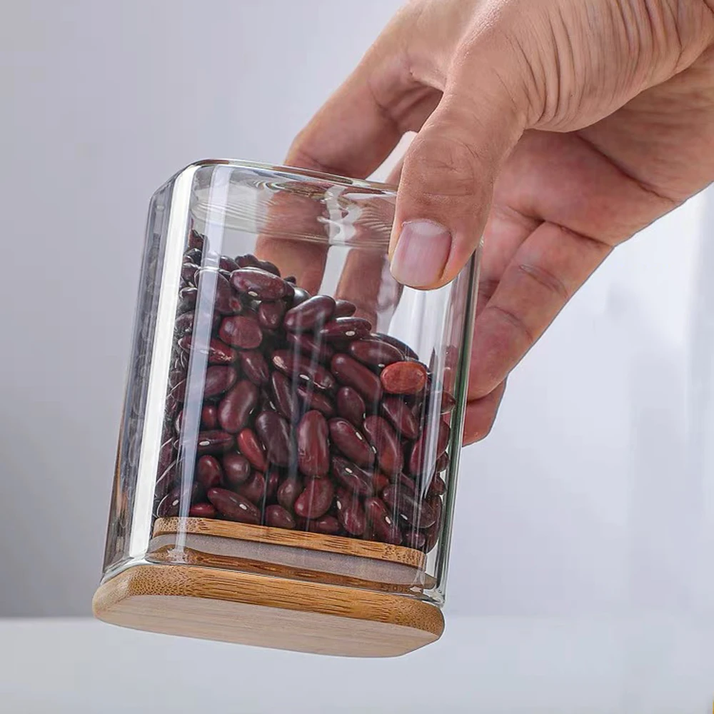 High Borosilicate Square Glass Spice Jar Bamboo Lid Kitchen Glass Container Spaghetti Beans Nuts Storage Food Use Custom Logo