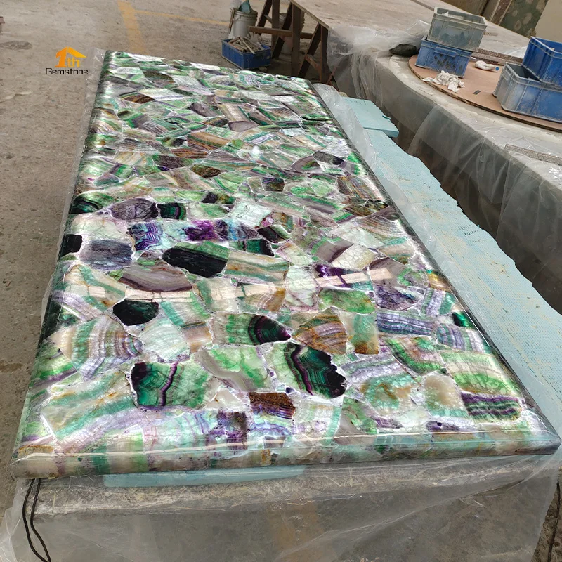 Translucent Colorful Semi Precious Stone Green Crystal Quartz Countertops Vanity Tops Table Tops
