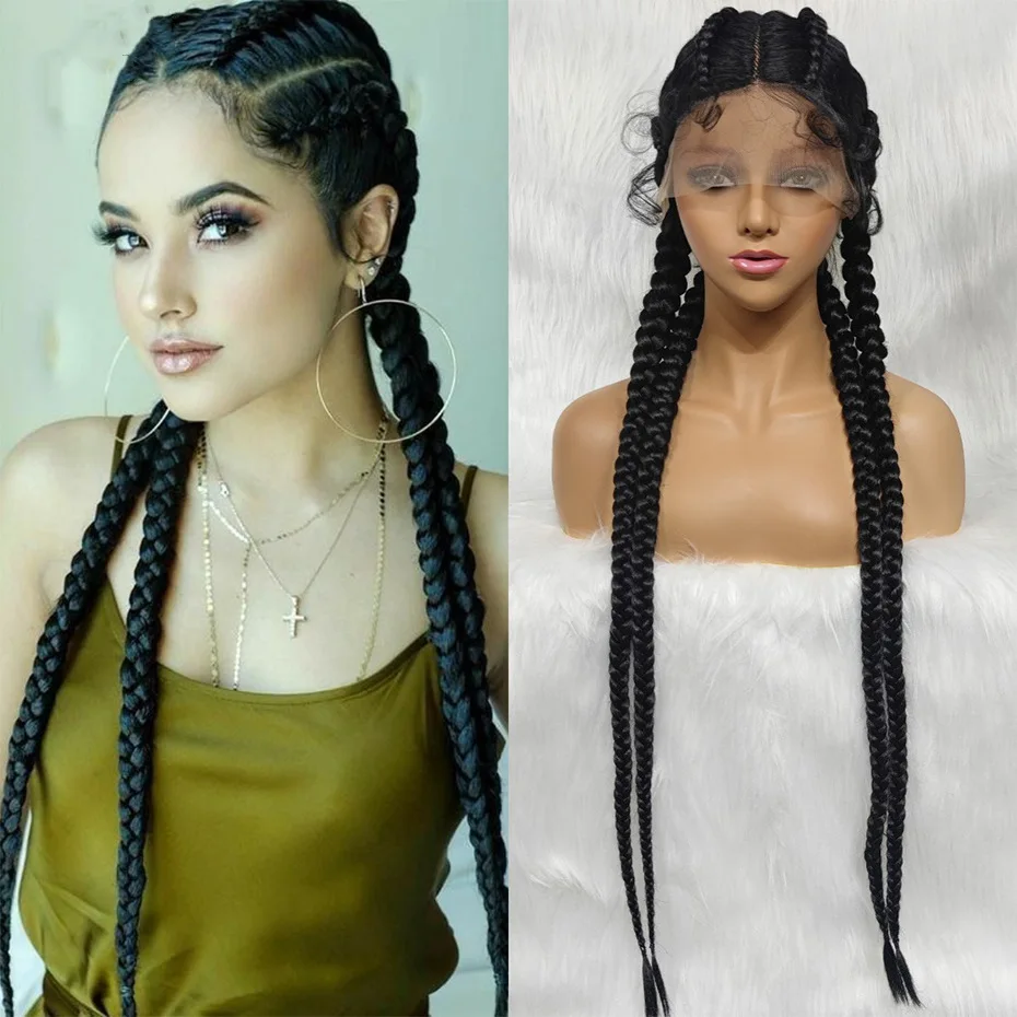 G&T Wig 360 Full Lace Front Synthetic Braided Wigs for Black Women 36 inch Synthetic Braiding Hair Black Lace Front Wigs