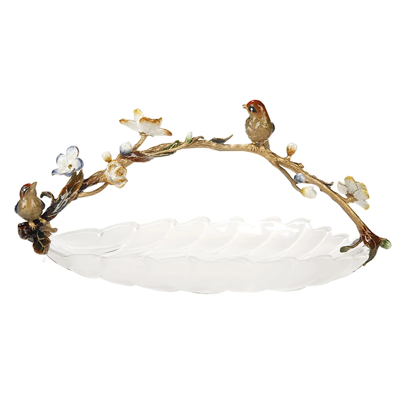 SANLOREN Luxury Home Bird Flower Tabletop Decoration Crystal Glass Enamel Painting Gift Dry Dessert Nut Serving Fruit Tray Bowl