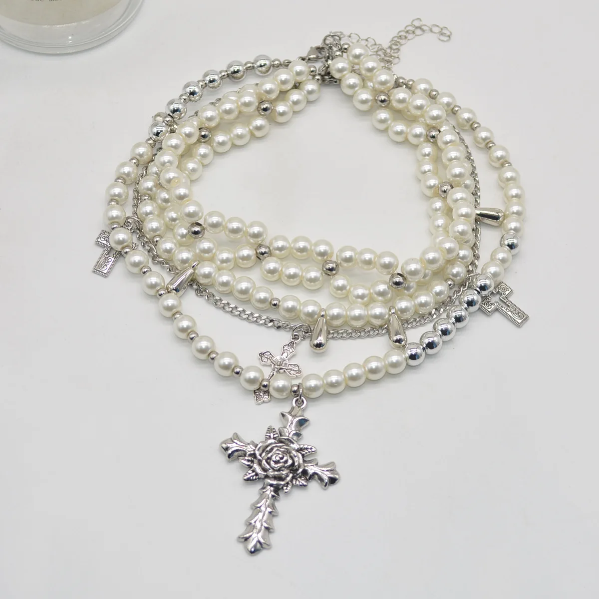 NT100 Fashion Multi Layer Pearls Necklace Women Cross Pendant Necklace Jewelry