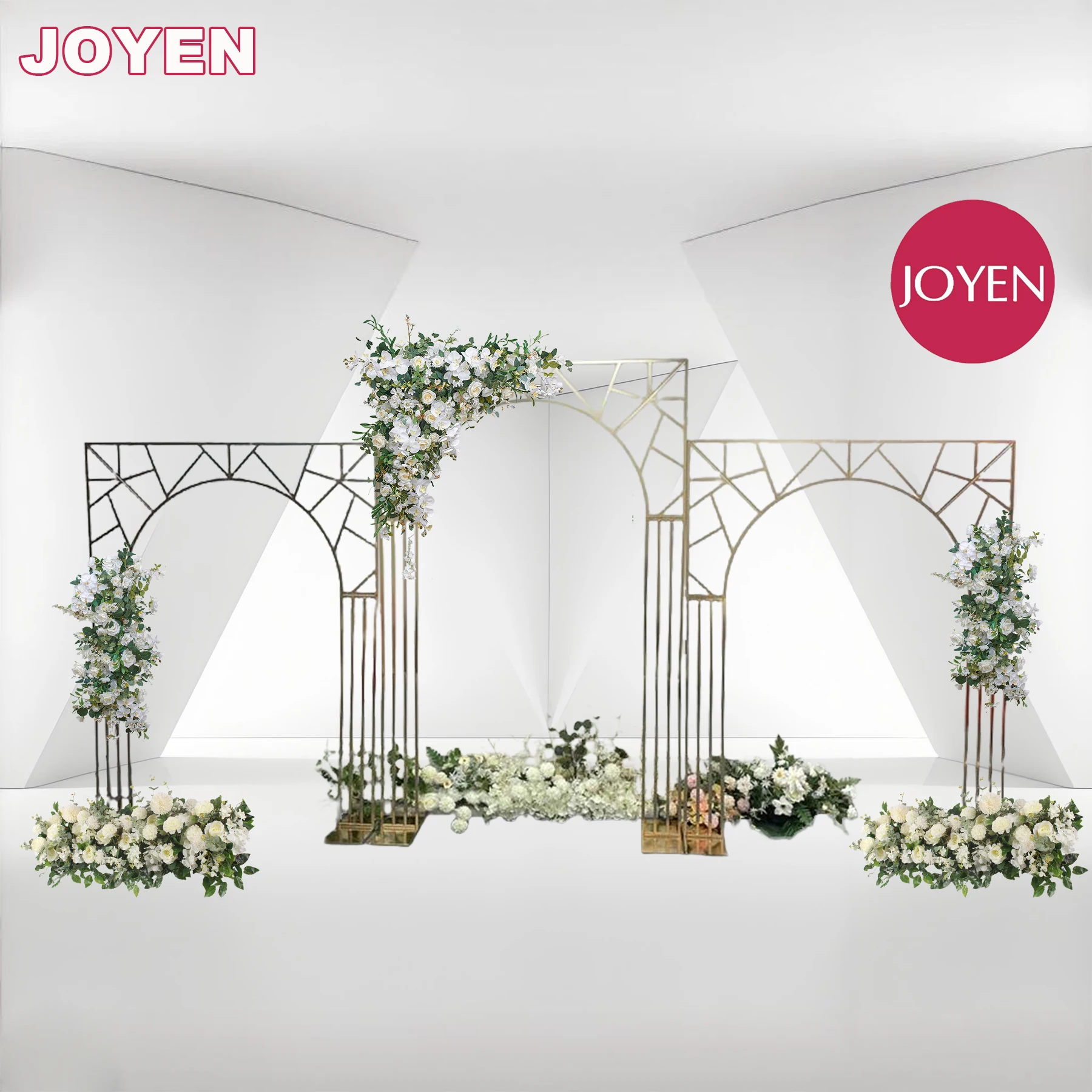 JOYEN Customized Shiny Artificial Flower Arch Outdoor Electroplating Flower Arch Stand Wedding Decoration