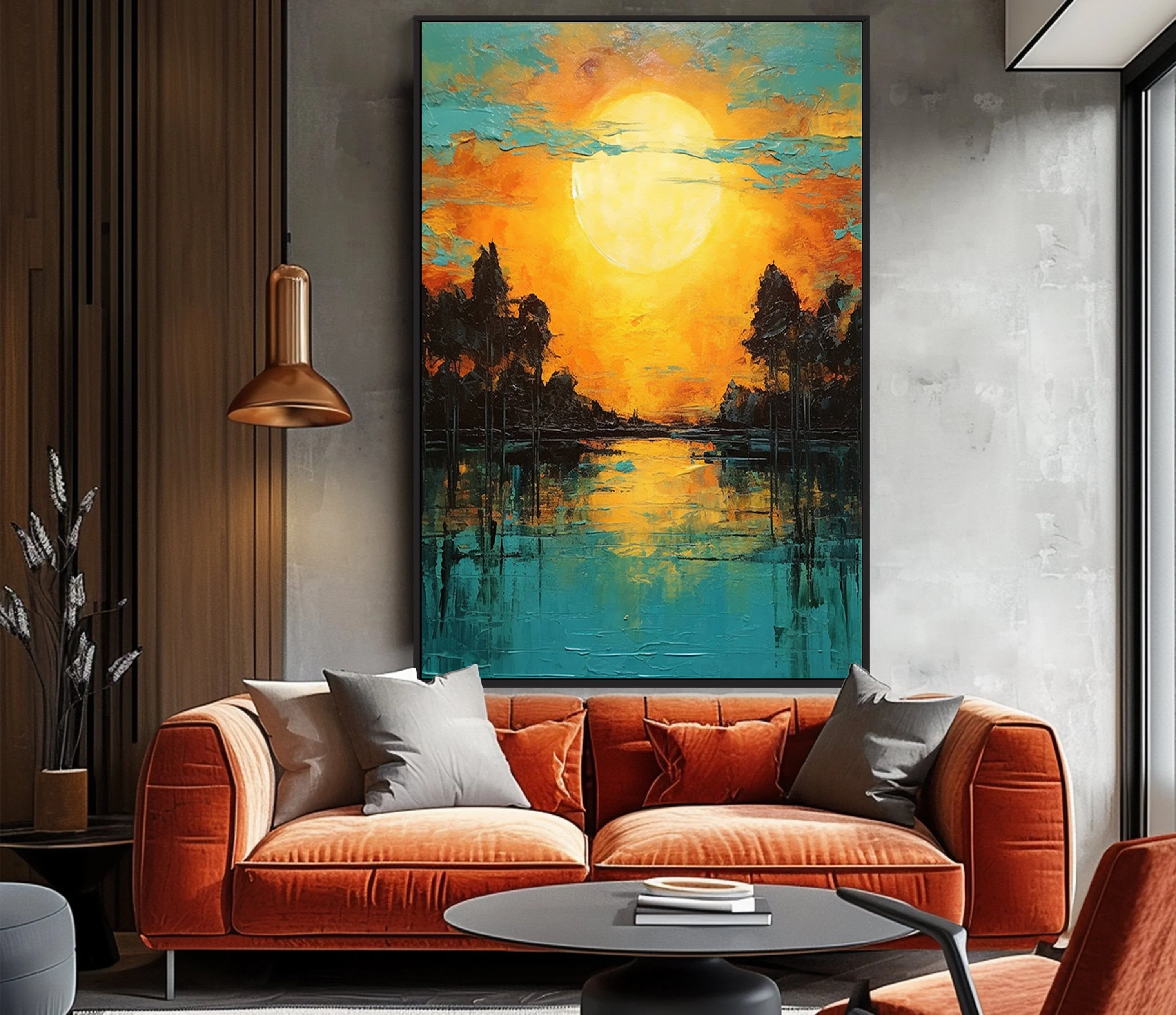 100% Hand-Painted Realistic Countryside Scenery Custom Oil Painting Canvas Wall Art Green Waters Mountain Home Decor