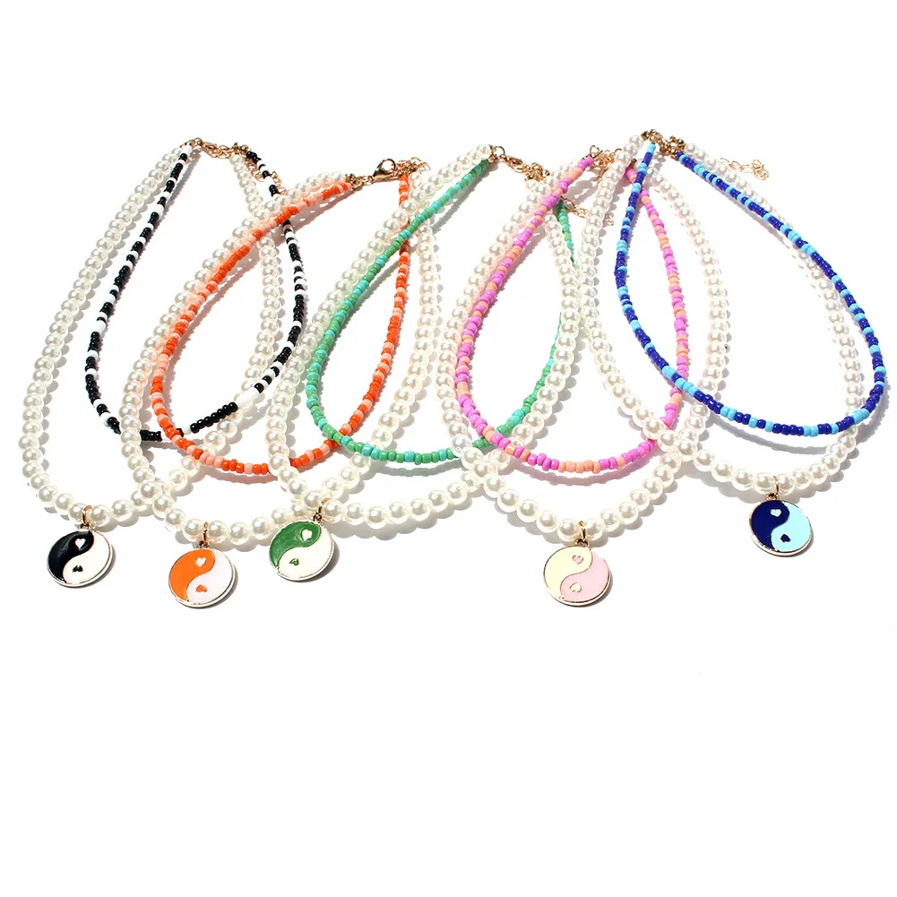 Vintage Tai Chi Yin Yang Pendant Multi layer Necklace Handmade Seed Beads with Imitation Pearl Necklace for Women