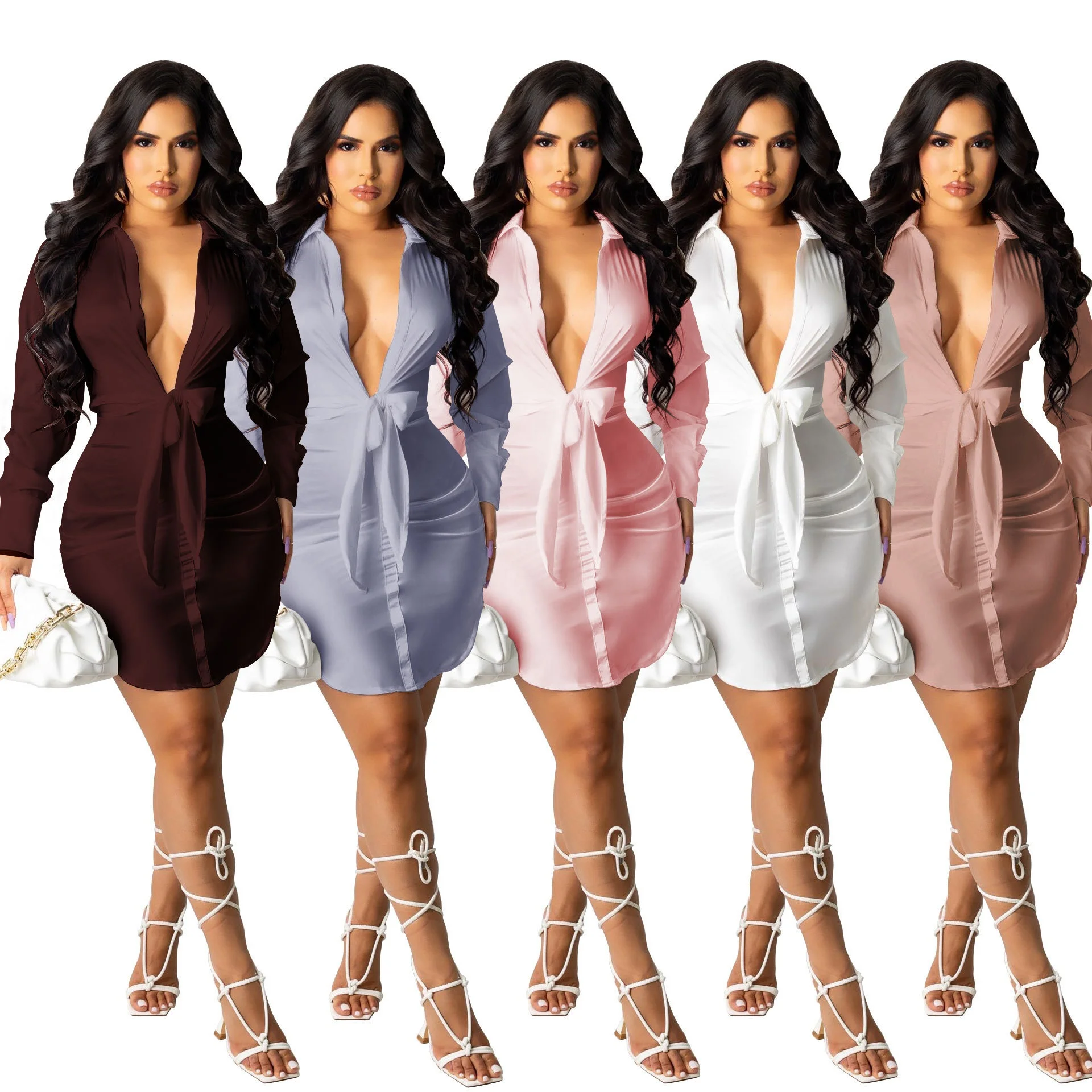 DLL 2021 женские осенние большие размеры пятно одежда платье с длинными рукавами и однотонные Глубокий V-образным вырезом модные деловые платья