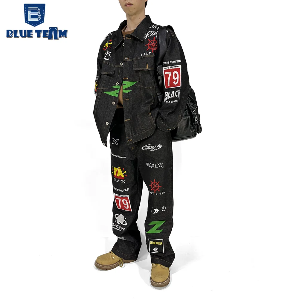 Blue Team | Custom mens denim racing jacket custom embroidered brand logo jeans biker jacket motorcycle jackets for men riding