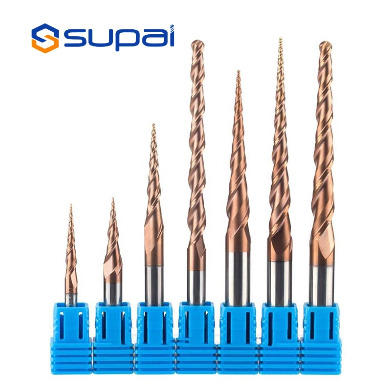 SUPAL Solid Carbide HRC 50 2 Flute Tapered Ball Nose End Mill Shank 6mm for 3D Engraving Drill Bit Woodworking Tool