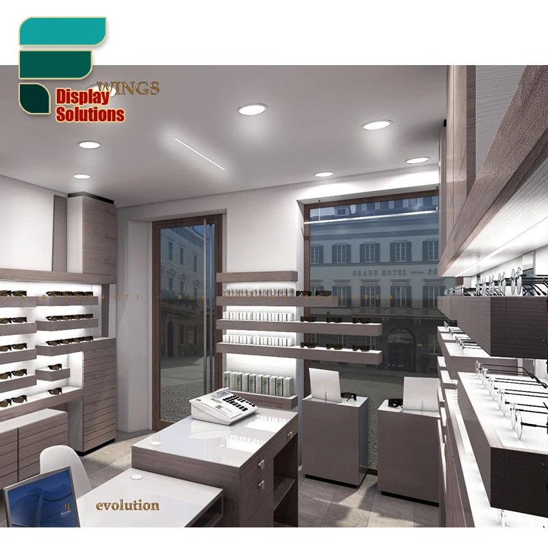 Optical Shop Furniture Modern Wooden Style Design Sunglasses Kiosk Display Optical Shop Display Advantage