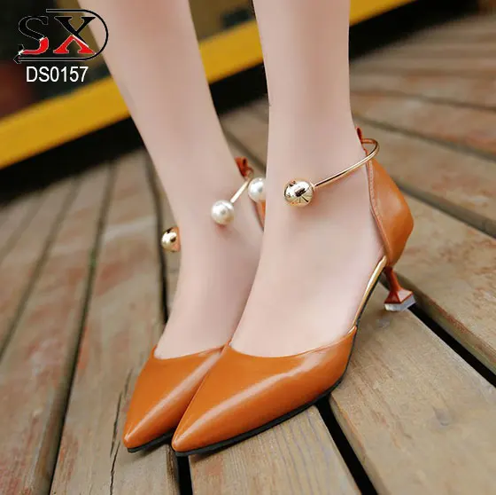 Ladies White Pointed Toe Pearls Bridal Shoes Mid Heel Block Women OL Shoes