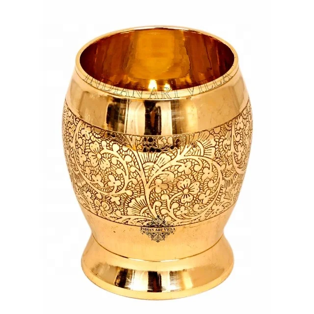 
Indian art villa brass embossed flower design glass tumbler - wholesale 