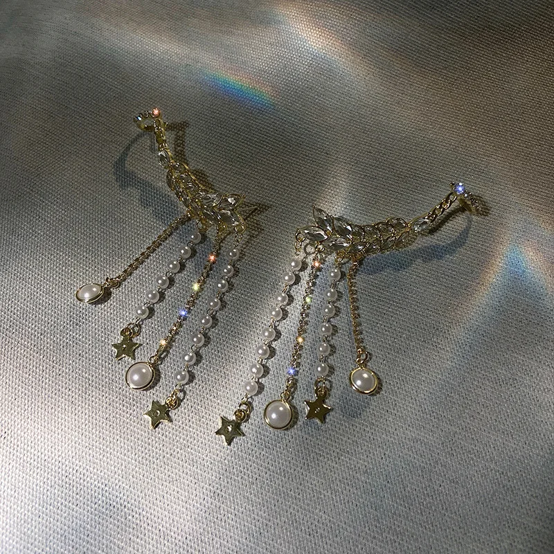 925 Silver Needle Diamond Pearl Tassel Ear Bone Clamp Retro Temperament Fashion Star Earrings