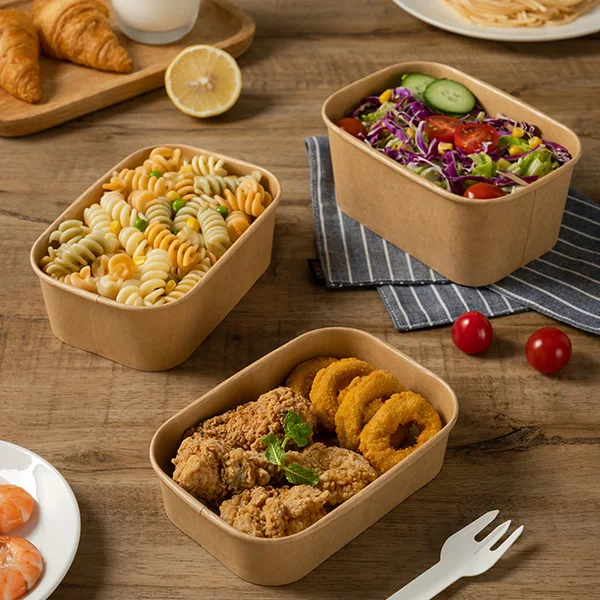 Eco Friendly Kraft Paper Bowl Compostable Take Out Food Lunch Salad Bowls Lid Cake Box Cupcake Boxes Paper Board with PET PP