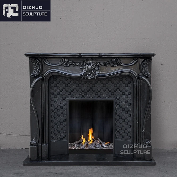 Simple Design Modern Hand Carved Natural Stone Marquina Black Marble Fireplace Surround