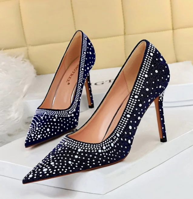 Korean fashion sexy women suede pointed toe rhinestone thin high heel shoes 42 43