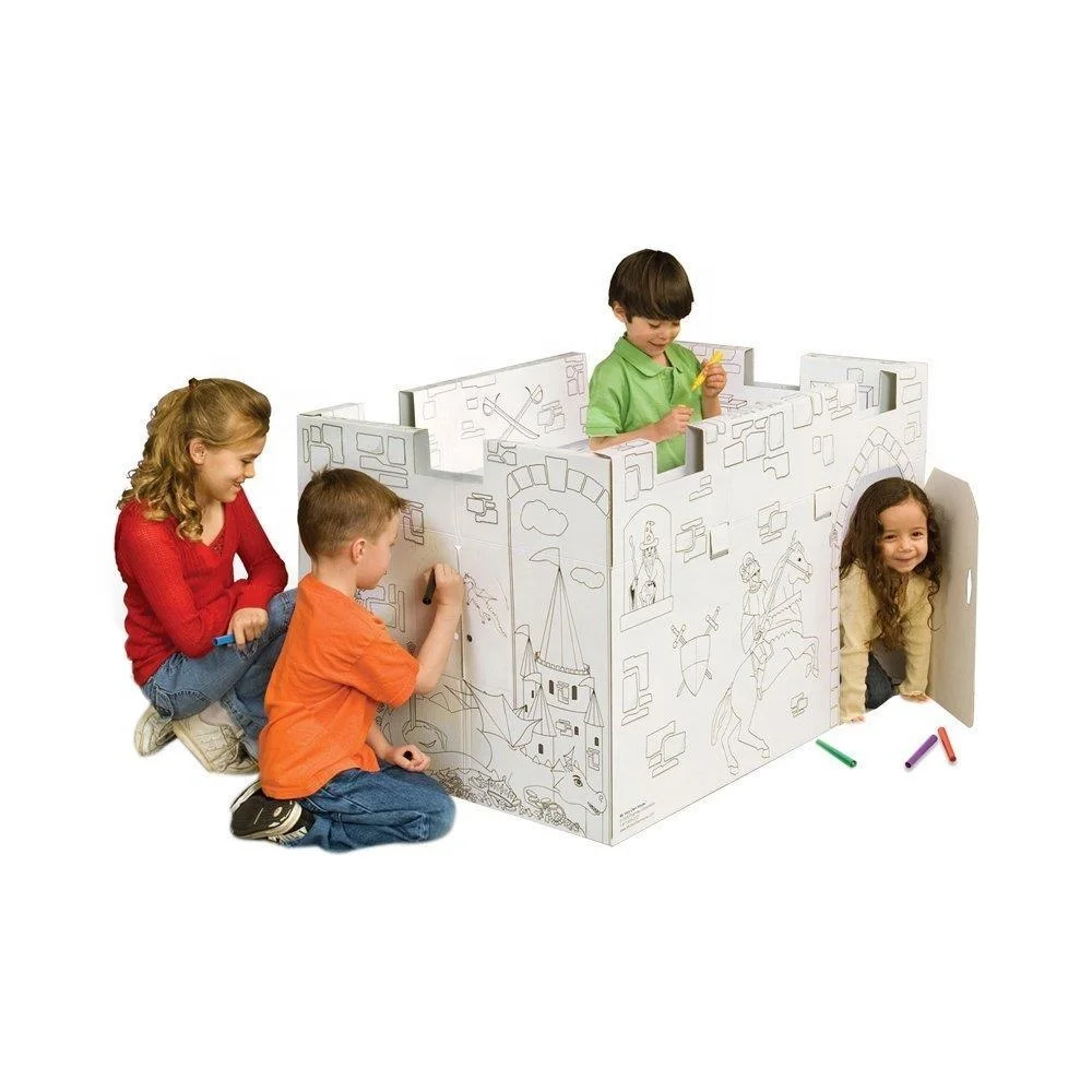 
OEM kids foldable corrugated coloring diy cardboard train playhouse 