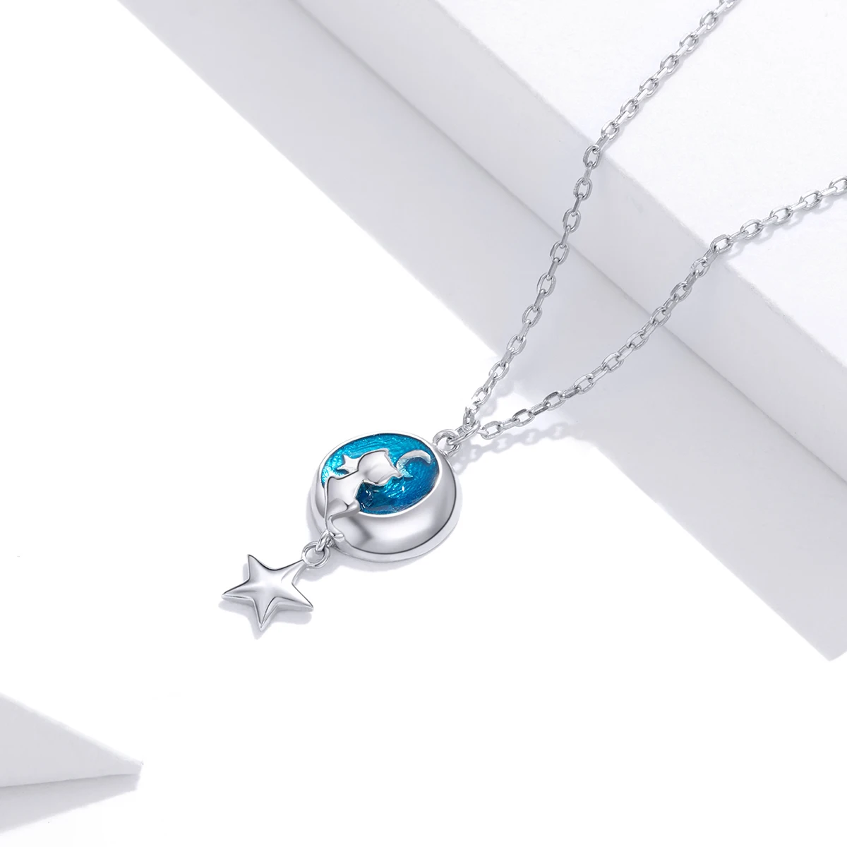 Enamel Jewelry Necklace 925 Sterling Silver White Gold Plated Celestial Stars Moon Pendant Cat Chain Necklace