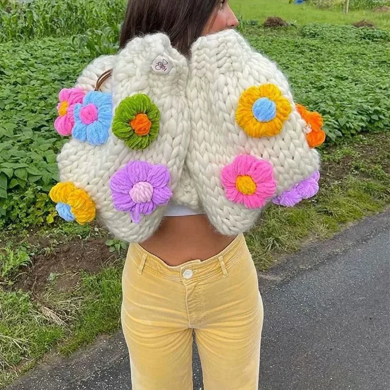 new spring single breasted knitted cardigan round neck color matching loose puff sleeve cardigan sweater coat