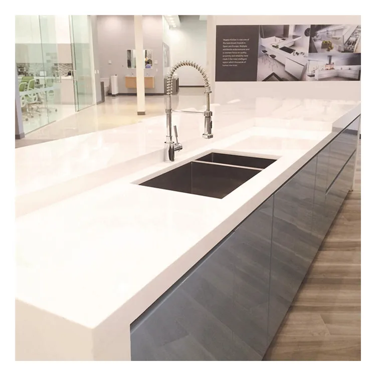 White Epoxy Resin White Quartz Stone Encimera De Cocina Kitchen Countertops With Built In Sink