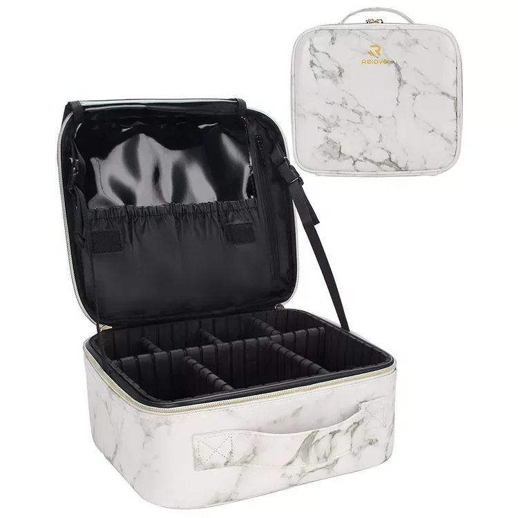 Relavel Professional Marble with Adjustable Dividers Cosmetic Case Brush Organizer Portable Waterproof  Makeup Case Bag