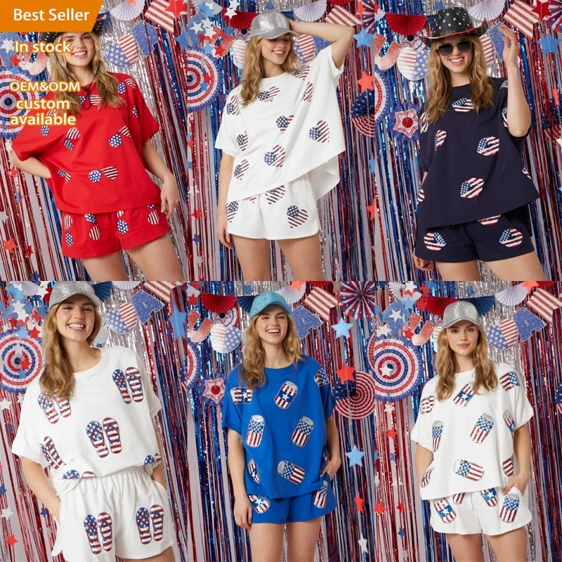 Loveda Hot Sale Flag Color Heart Beer Sequin Patched Tee Shorts Independence Day 2 Pieces Sets for Women