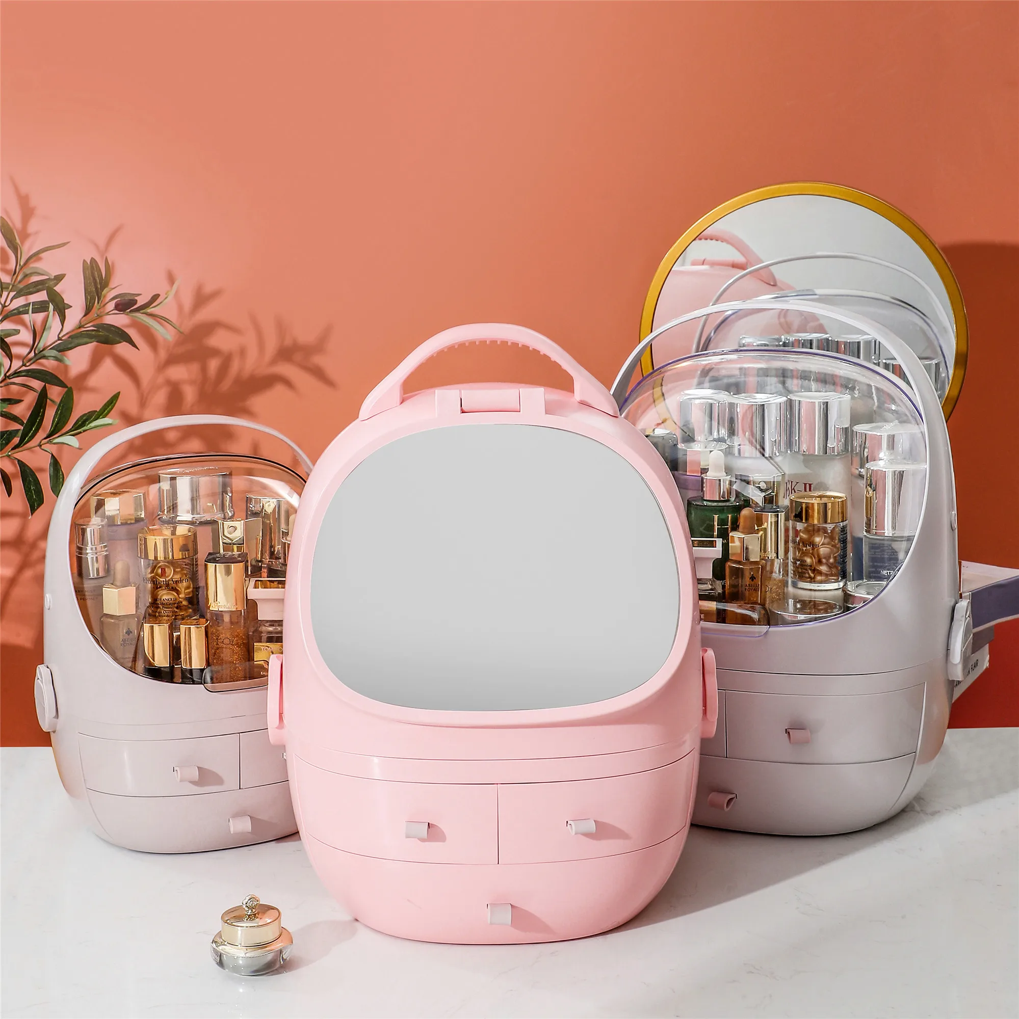 Household Plastic Dust-Proof Double Layer Beauty Makeup Storage Box with Lift Mirror Cute Lazy Cosmetic Storage Box