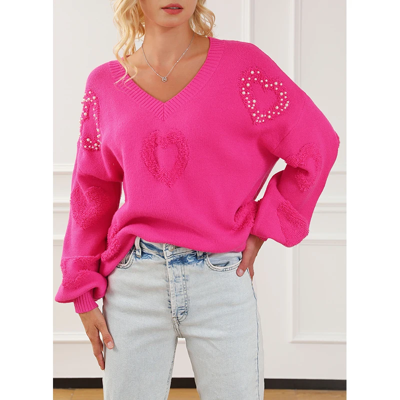 Dear-Lover Wholesale Fast Shipping Valentines Pearl Embellished Fuzzy Hearts V Neck Knitted Women Sweater