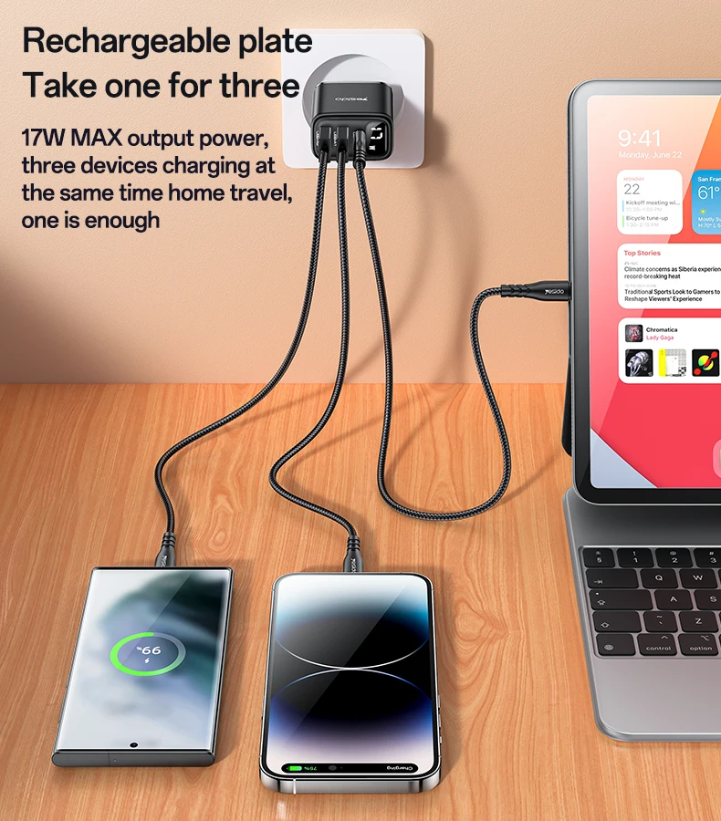 Yesido Three Charging Ports 17W MAX Charging Smart Digital Display EU Digital Charger
