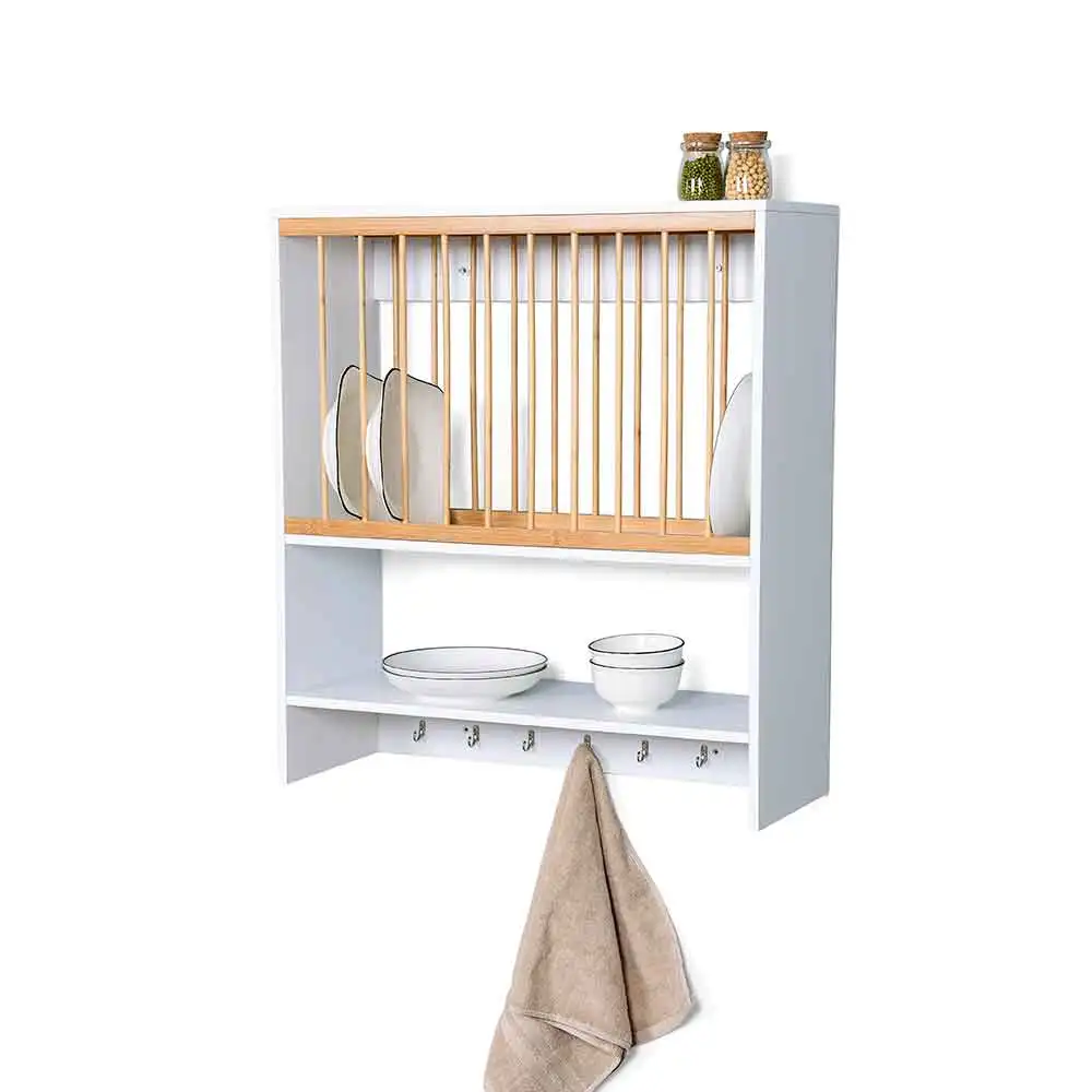 Kitchen Organization Tableware Holder Wooden Wall Mounted Hanging Bamboo Dish Drying Rack Drain Plate Rack Drainer With Hooks