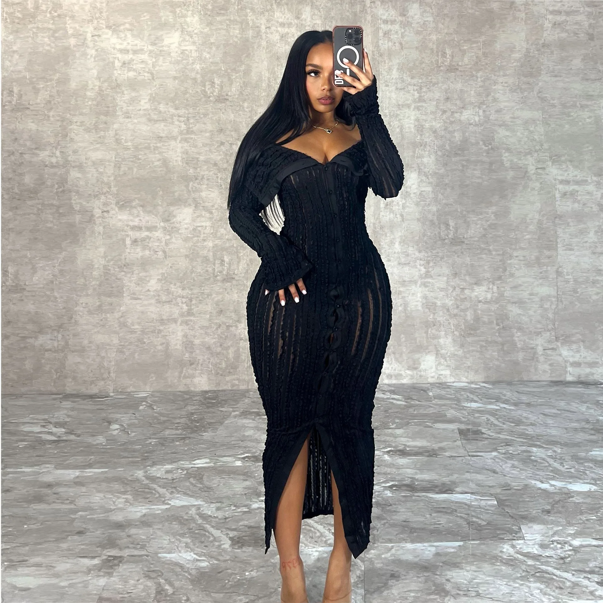 QuiteS Sexy One-Line Lapel Sheath Dress Long Sleeve Ribbed Women Off Shoulder Midi Dress Bodycon Streetwear Party Club Dresses