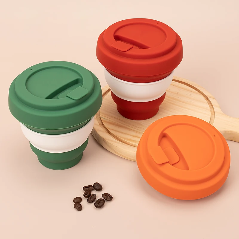Eco Friendly Bpa Free Camping Portable Folding Reusable Drinking Coffee Mug Foldable Collapsible Silicone Travel Cup with Lid