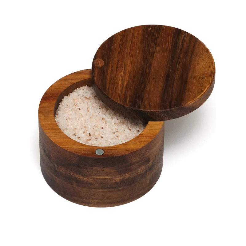 Totally luxury acacia wooden  Salt Cellar Bamboo Storage Box with Magnetic Swivel Lid  Wood Jar For Kitchen