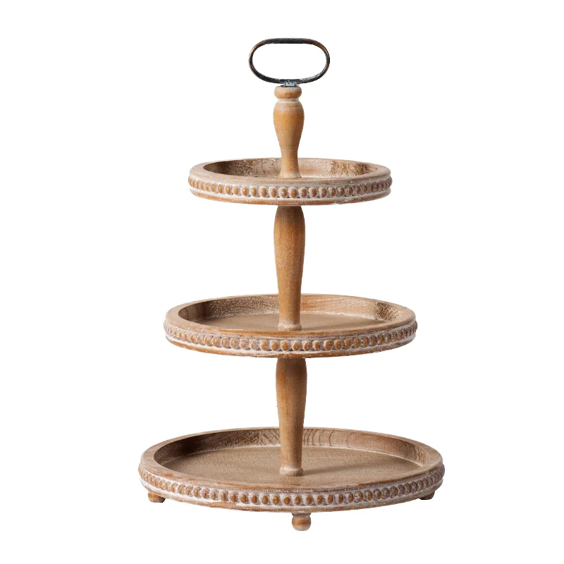Display Cutlery Coffee Carry Wood Breakfast Storage Home Decoration Box Round Wooden 2-tier Tray