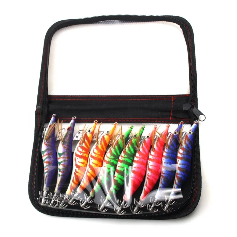 Squid Jig Bait Hooks Sea Fishing Lures Hooks Luminous Wooden Shrimp Cuttlefish Squid Hook Rig with Bag