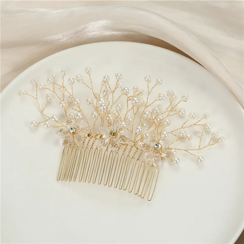 New Hot Gold Plated Handmade Copper Wire Crystal Flower Pearls Diverging Bridal Hair Accessories Headpieces Comb