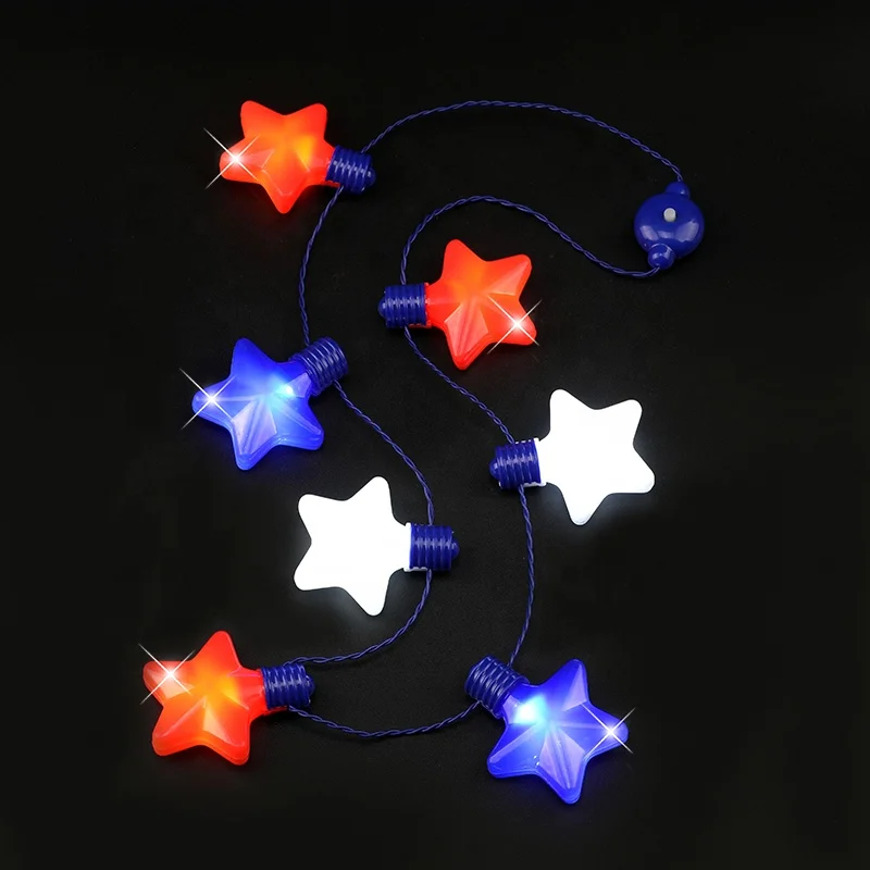 USA Fourth Of July LED Red,White&Blue Star Flashing Lights Patriotic Light-Up Necklace For Party