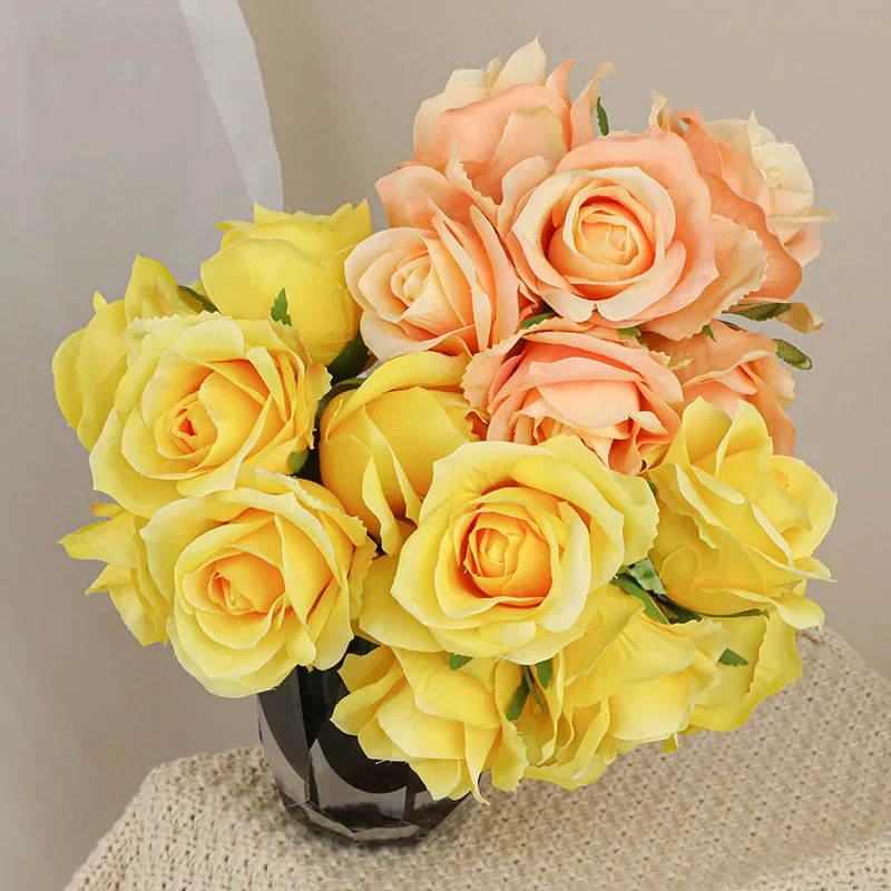 AR-629 Layout Props Artificial 20CM 6 Heads Silk Cloth Rose Bouquet Wedding Flower for Decoration