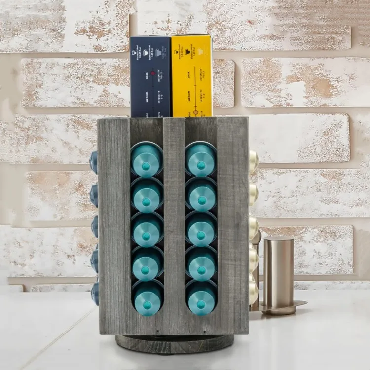 Vintage Gray Wood Rotating Coffee Capsules Pods Holder Espresso Pod Stand Carousel Dispenser Rack Holds 40 Capsules