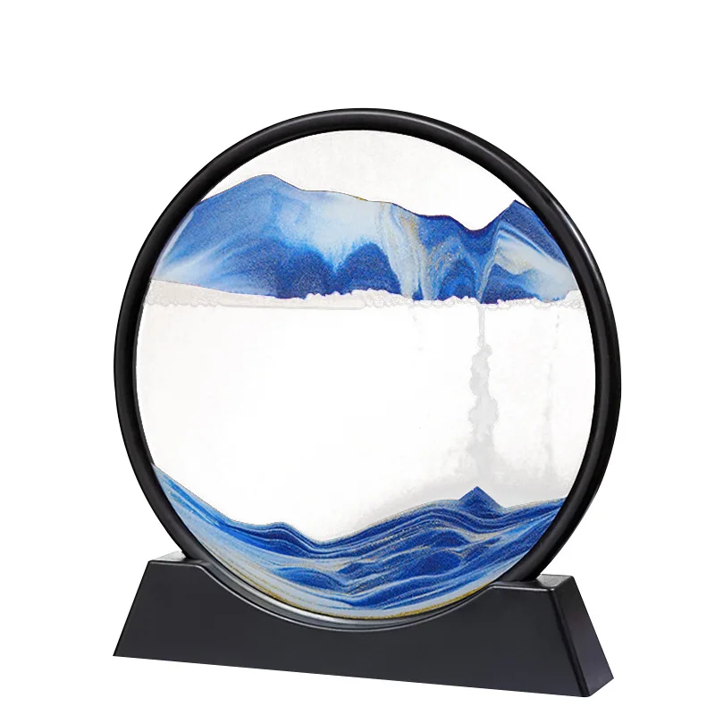 7 inch 12 inch Wooden Base Moving Sand Art Picture Sandscapes Display Round Glass 3D Flowing Sand Frame Deep Sea Sand Art Decor