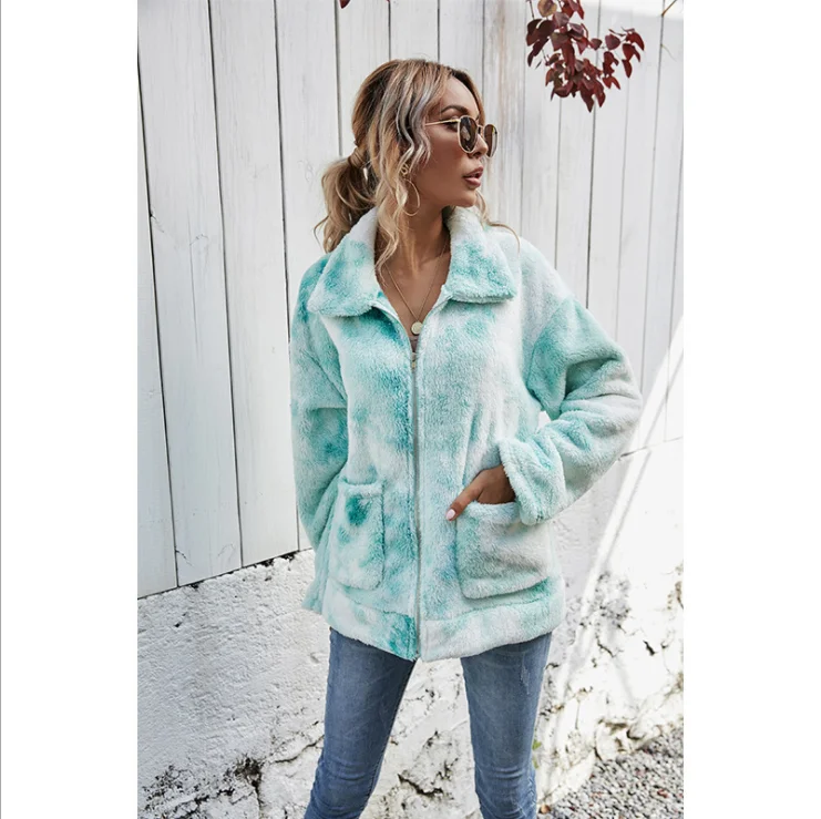 2020 new hot style fashion autumn and winter tie-dye long zipper pocket hairy jacket women