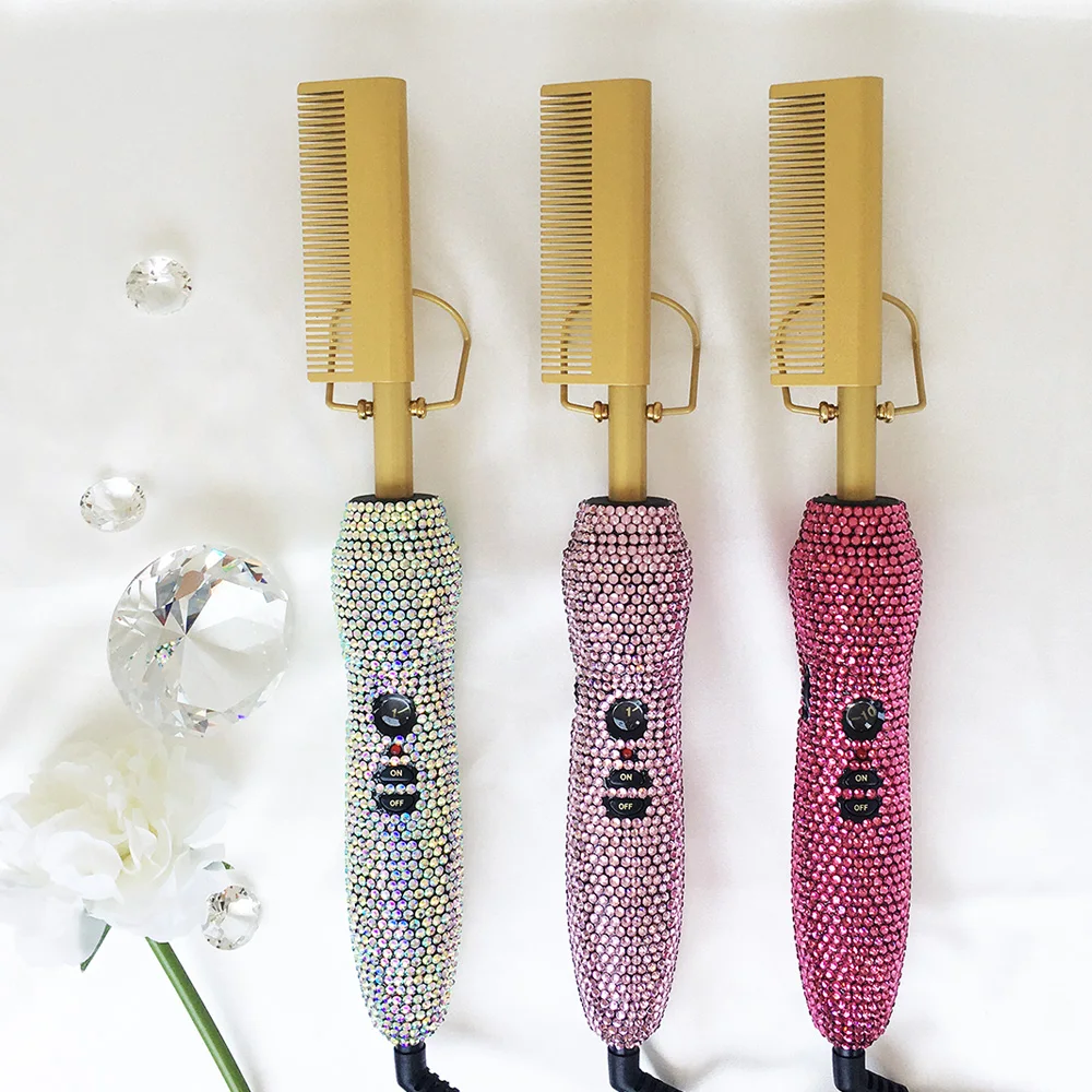 
Private Label High Heat Ceramic Rhinestone Bling 500 Degrees Hair Straightener Pressing Electric Hot Comb 