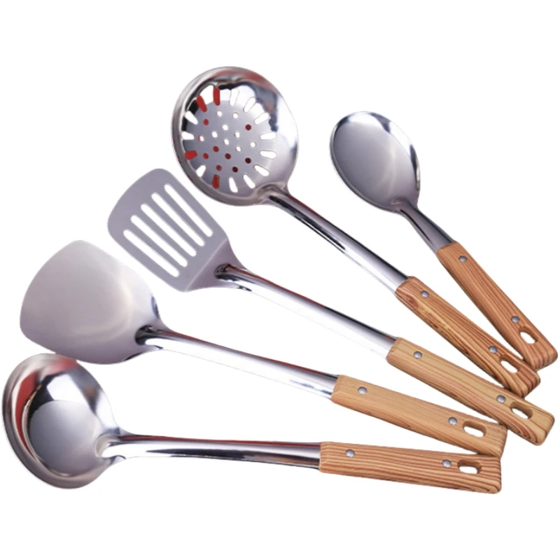 Stainless Steel Spatula Home And Kitchen Colander Spoon Ladle Wood Grain Handle Insulation Kitchenware Cooking 5 Pcs Utensil Set