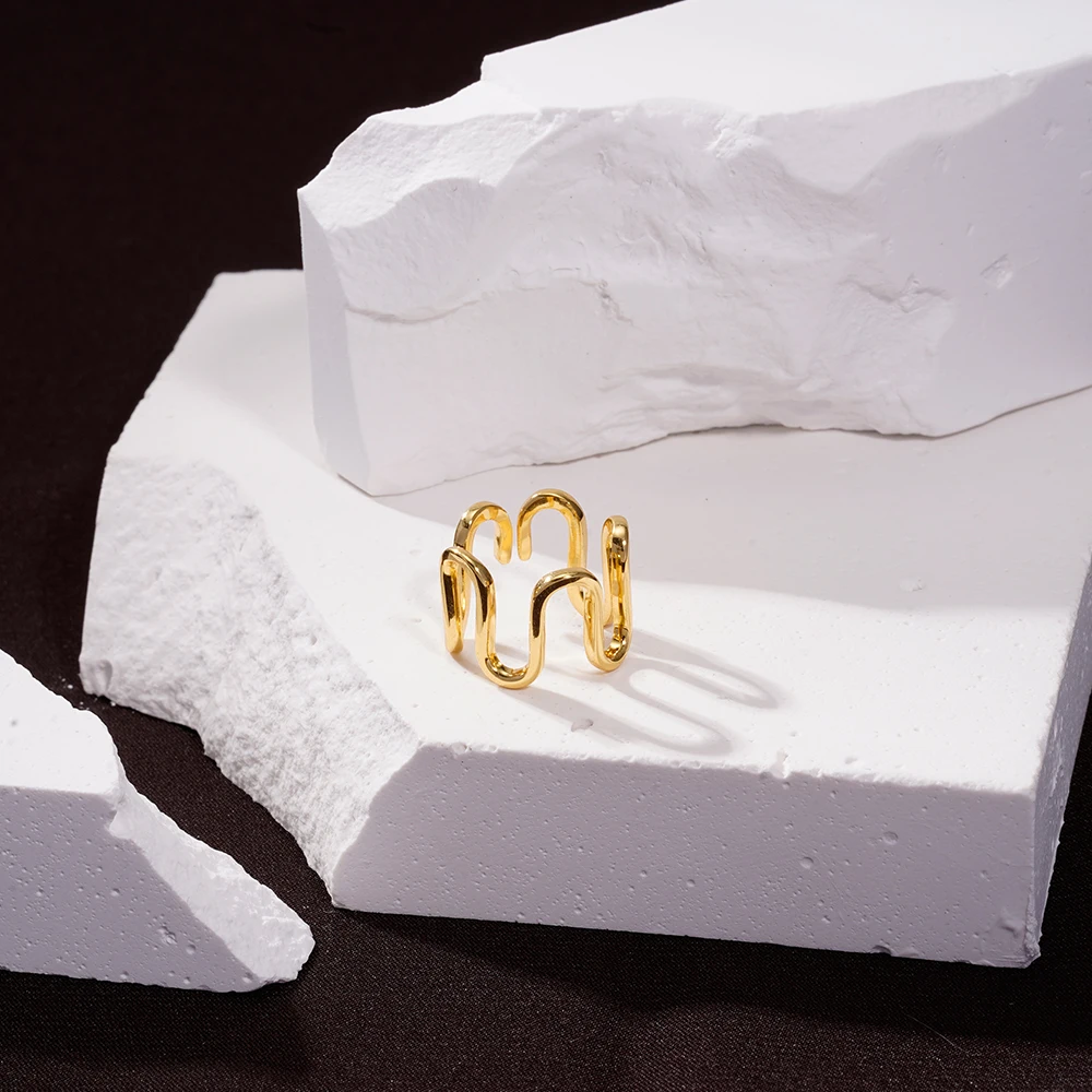 Original Design Jewelry 925 Sterling Silver 18k Gold Plated Unique Big Wave Open Adjustable Rings For Women