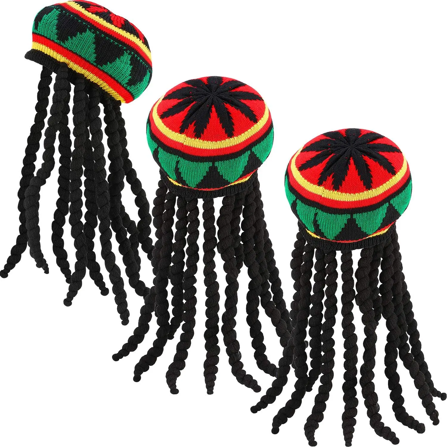 Knitted Hat with Black Dreadlocks Jamaican Dreadlocks Fancy Dress Party Wig Cap
