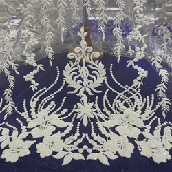 Honglong luxury Swiss lace white wedding gauze mesh glittering crystal sequins beaded ball evening dress fabric
