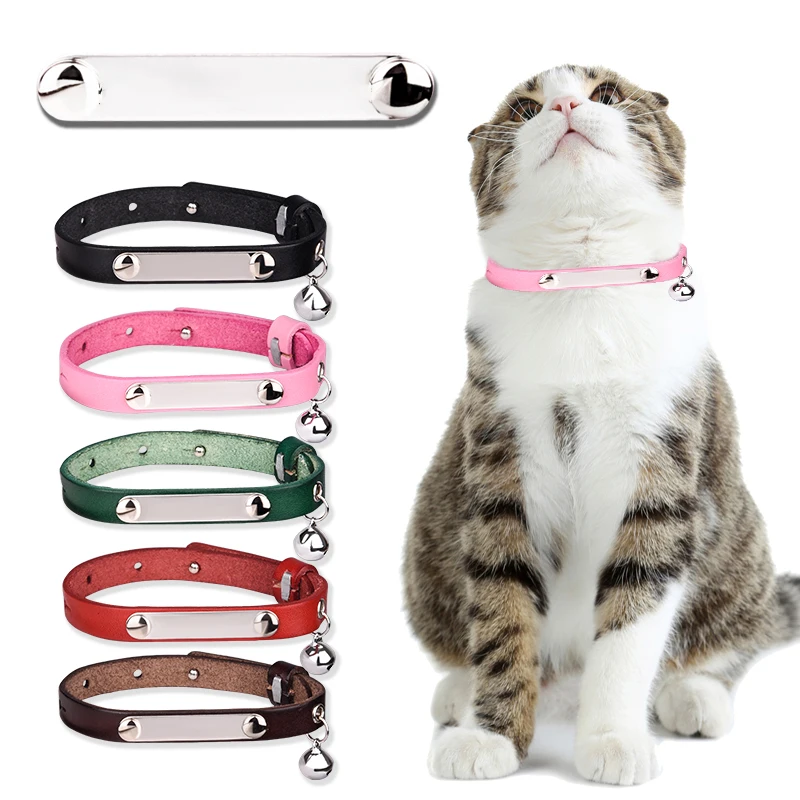 Head Layer Cowhide Adjustable Pet Collar Cute Bells Custom Lettering  Cat Collar