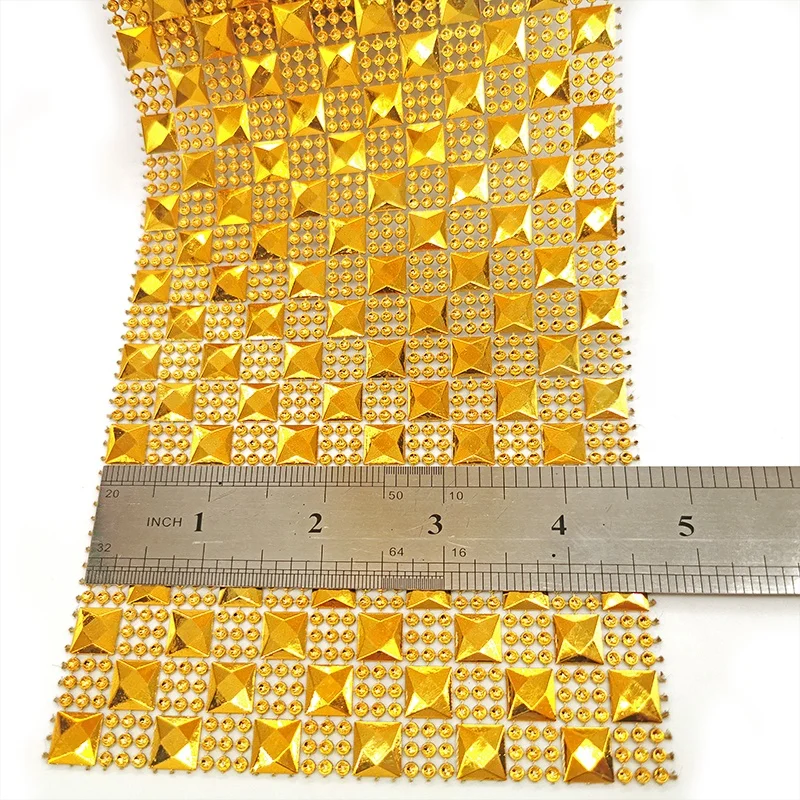 wholesale 10 yard rose golden pyramid studs checkered rhinestones diamond mesh wrap roll pattern ribbon for mirror frame decor