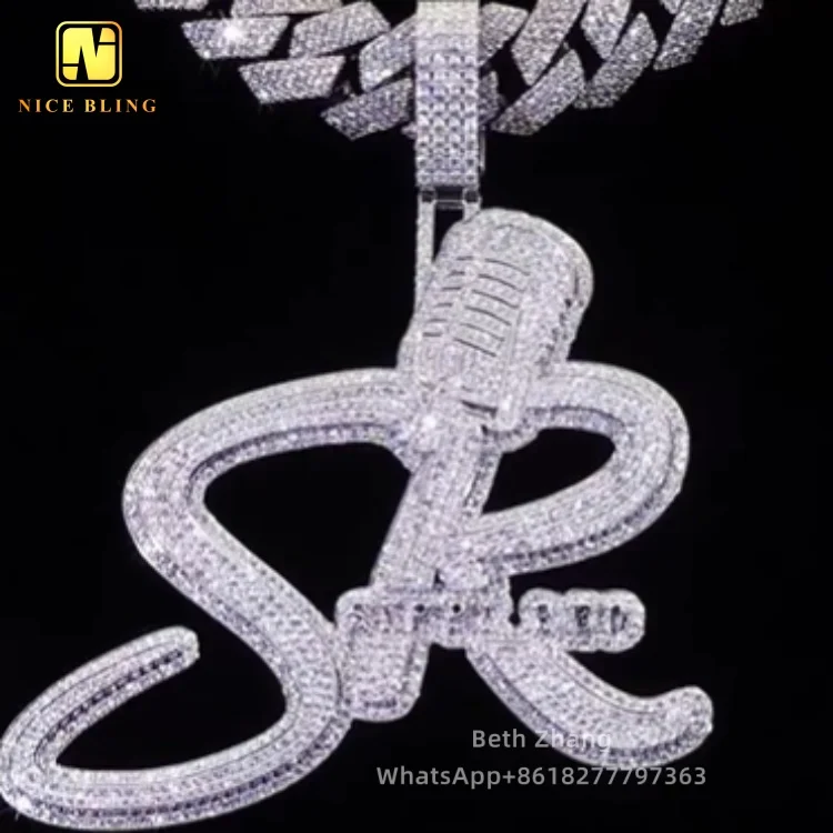 Custom Designs Moissanite Diamond Letter Pendants Fashion Hip Hop Jewelry 925 Silver Microphone Name Pendants